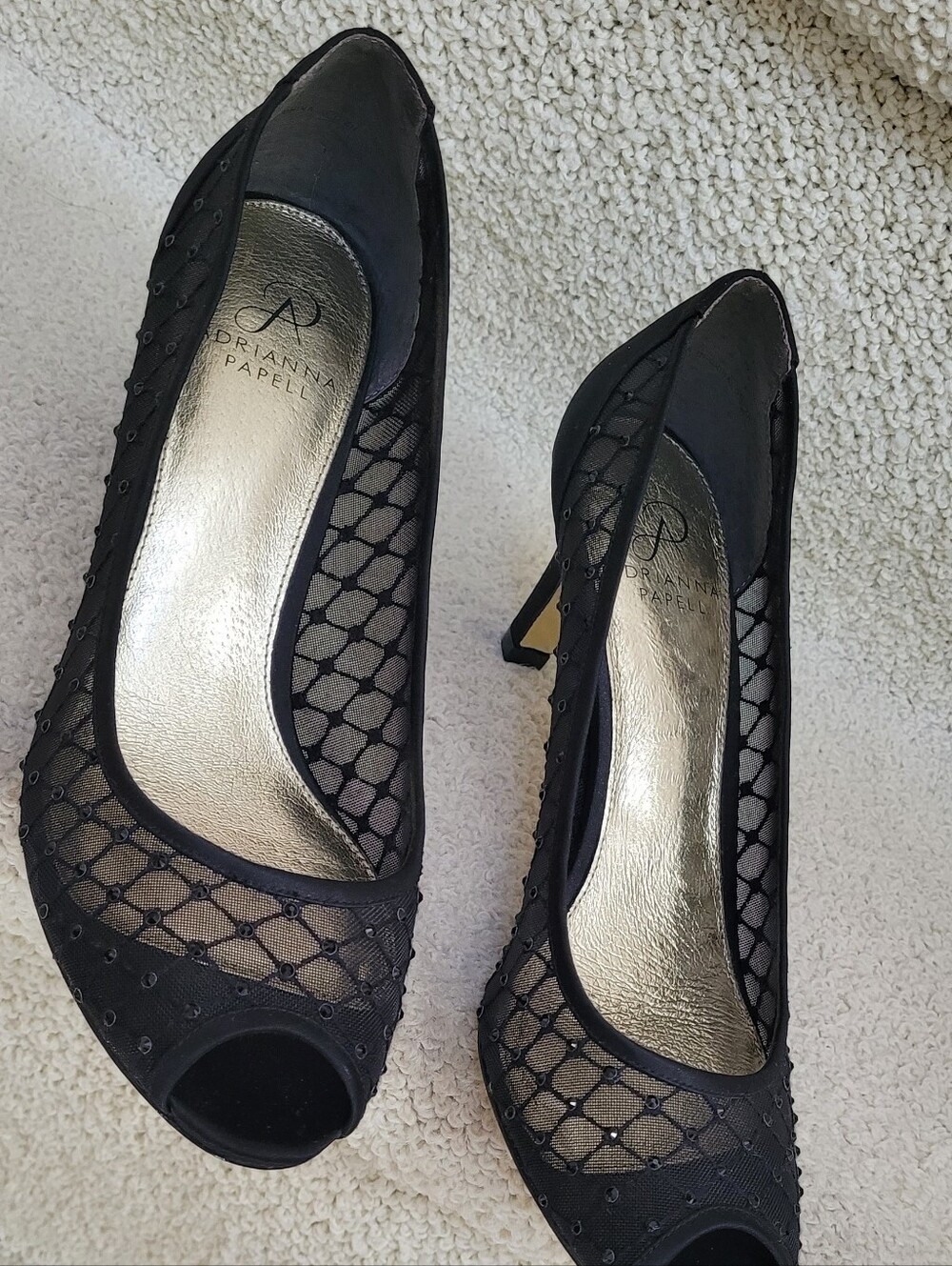 Adrianna Papell Black Mesh Peep-Toe Heels with Gold Insole
